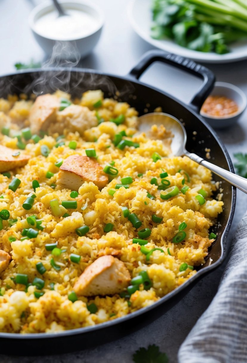 A sizzling skillet of cauliflower fried rice and chicken, steaming and fragrant, ready to be served as a low-carb dinner for two